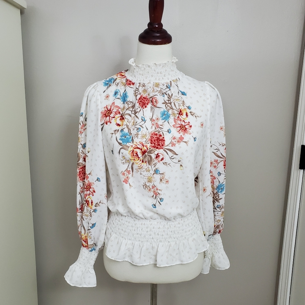 Meraki Mock Neck Smocked floral Top - Picture 2 of 12